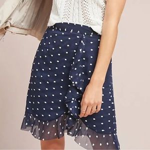 Anthropologie Hutch Navy and White Polka Dot Chiffon Ruffle Mini Skirt 0 Petite